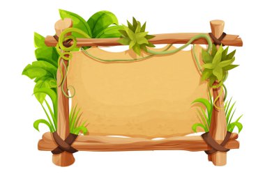 Çubuklardan yapılmış çerçeve, çimen ve liana ile süslenmiş parşömen, beyaz arka planda izole çizgi film tarzında orman yaprakları. Sınır, orman paneli desenli ve detaylı. Oyun varlığı, menü. Vektör