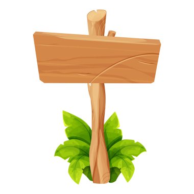 Tahta tablet, desenli panel, beyaz arka planda izole edilmiş çizgi film tarzında orman yapraklı tabela. Köy tahtası, kalası yerinde. Ui oyun varlıkları, kırsal arka plan. - Evet. Vektör illüstrasyonu