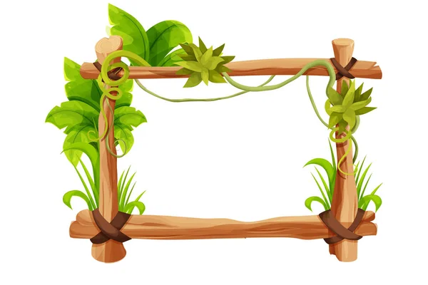 木棍框架 木制木板装饰着青草和藤蔓 丛林中的叶子在漫画风格上与白色背景隔离 丛林面板的纹理和细节 游戏资产 — 图库矢量图片