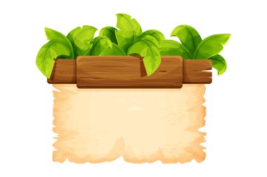 Ahşap detaylar ve orman palmiyesi yapraklarıyla süslenmiş beyaz arka planda izole edilmiş çizgi film tarzında tropikal çerçeve. Oyun menüsü tasarımı, varlık. Vektör illüstrasyonu