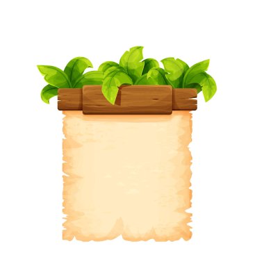 Ahşap detaylar ve orman palmiyesi yapraklarıyla süslenmiş beyaz arka planda izole edilmiş çizgi film tarzında tropikal çerçeve. Oyun menüsü tasarımı, varlık. Vektör illüstrasyonu