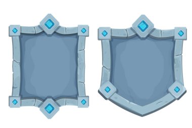 Kenar ve değerli taşlarla çevrili taş çerçeve, kalkan şekli, beyaz arkaplanda izole edilmiş çizgi film tarzında boş ortaçağ menü paneli. Vektör illüstrasyonu