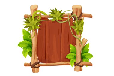 Çubuklardan çerçeve, çimen ve liana ile süslenmiş ahşap tahtalar, beyaz arka planda izole çizgi film tarzında orman yaprakları. Sınır, orman paneli desenli ve detaylı. Oyun varlığı, menü. Vektör