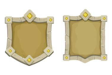 Kenar ve değerli taşlarla çevrili taş çerçeve, kalkan şekli, beyaz arkaplanda izole edilmiş çizgi film tarzında boş ortaçağ menü paneli. Vektör illüstrasyonu