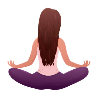 Nilüfer çiçeği pozunda oturan meditasyon kadın karakteri, beyaz arka planda izole edilmiş çizgi film tarzında arka plan. Vektör illüstrasyonu