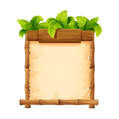 Tahta detaylar ve orman palmiyesi yapraklarıyla süslenmiş beyaz arka planda izole edilmiş çizgi film tarzında tropik bambu çerçevesi. Vektör illüstrasyonu