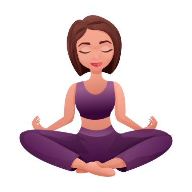 Nilüfer çiçeği pozunda oturan meditasyon kadın karakteri, beyaz arka planda izole edilmiş çizgi film tarzında kapalı gözler. Vektör illüstrasyonu