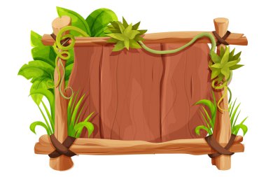 Çubuklardan çerçeve, çimen ve liana ile süslenmiş ahşap tahtalar, beyaz arka planda izole çizgi film tarzında orman yaprakları. Sınır, orman paneli desenli ve detaylı. Oyun varlığı, menü. Vektör