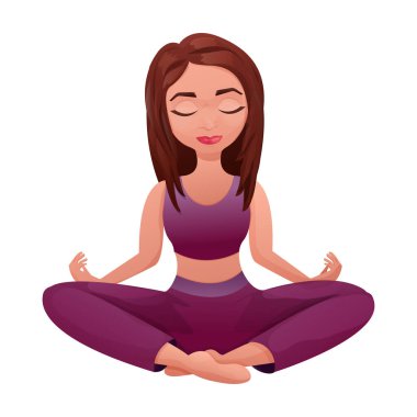 Nilüfer çiçeği pozunda oturan meditasyon kadın karakteri, beyaz arka planda izole edilmiş çizgi film tarzında arka plan. Vektör illüstrasyonu