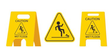 Islak zemin uyarı işareti, sarı sembol beyaz arka planda izole edilmiş. Halka açık sarı klip sanatı. Kaygan yüzey plastikten sakının. Vektör illüstrasyonu