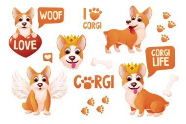 Tacı, kanatları, oturması, tapılası hayvanı beyaz arka planda izole edilmiş çizgi film tarzında aktiviteleri olan Corgi köpek çıkartmaları koyun. Komik duygusal karakter, komik duruş. Vektör illüstrasyonu
