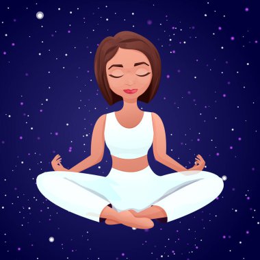 Nilüfer çiçeği pozunda oturan meditasyon kadın karakteri, arka planda çizgi film tarzı alan arkaplanı. Vektör illüstrasyonu
