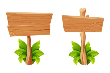 Tahta tabletler, desenli paneller, beyaz arkaplan vektör illüstrasyonuna izole edilmiş çizgi film tarzı tabelalar. Köy tahtası, kalası yerinde. Ui oyun varlıkları, kırsal arka plan. - Evet. Vektör