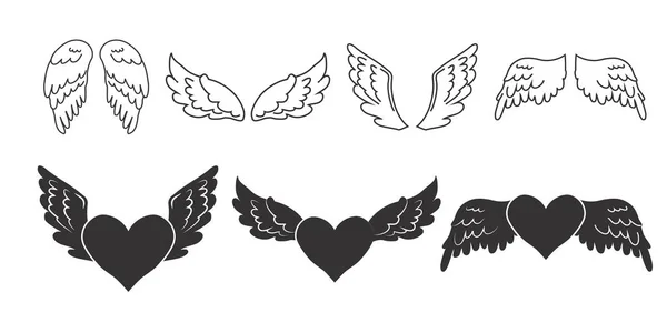 青の背景に隔離された漫画スタイルでハート アウトラインとシルエットで天使の翼を設定し 装飾のためのデザイン要素 ベクターイラスト — ストックベクタ