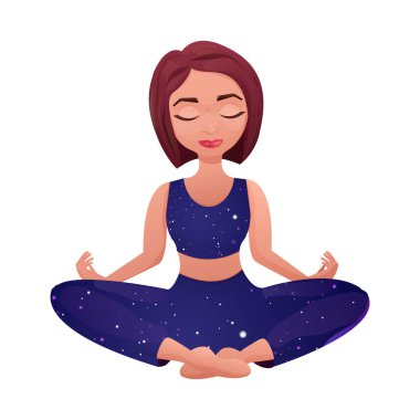 Nilüfer çiçeği pozunda oturan meditasyon kadın karakteri, beyaz arka planda izole edilmiş çizgi film tarzında arka plan. Vektör illüstrasyonu