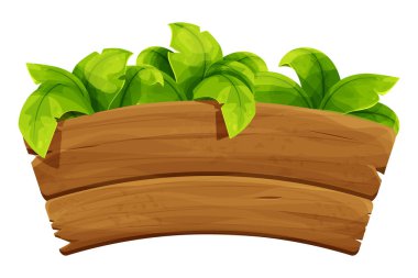 Eski ahşap kalas, beyaz arka planda izole edilmiş çizgi film tarzı palmiye yaprakları. Orman, tropikal element, desenli ve detaylı tahta. Ui oyun varlığı. Vektör illüstrasyonu