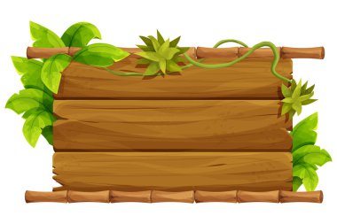 Tahta tabela, orman palmiyesi yapraklarıyla süslenmiş bambu çerçeve, beyaz arka planda izole edilmiş çizgi film tarzında liana. Orman, tropikal element, desenli ve detaylı tahta. Ui oyun varlığı. Vektör