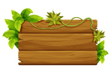 Eski ahşap kalas, beyaz arka planda izole edilmiş çizgi film tarzı palmiye yaprakları. Orman, tropikal element, desenli ve detaylı tahta. Ui oyun varlığı. Vektör illüstrasyonu