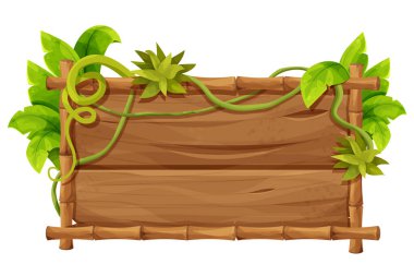 Tahta tabela, orman palmiyesi yapraklarıyla süslenmiş bambu çerçeve, beyaz arka planda izole edilmiş çizgi film tarzında liana. Orman, tropikal element, desenli ve detaylı tahta. Ui oyun varlığı. Vektör