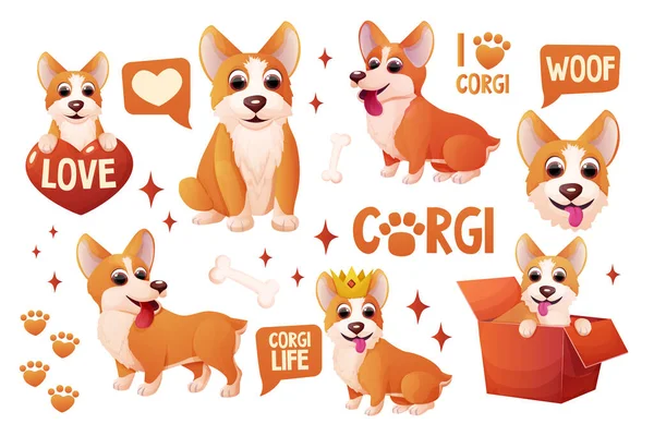 Set Pegatinas Para Perros Corgi Con Corona Sentado Adorable Mascota — Vector de stock