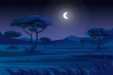 Tarlaların, dağların, ağaçların ve ay ışığında çimlerin olduğu Savannah gecesi sahnesi, karikatür tarzında manzara. Vektör illüstrasyonu