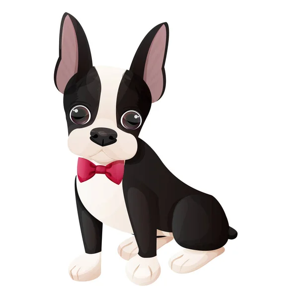 Boston Terrier Cachorro Fresco Con Arco Pie Estilo Dibujos Animados — Vector de stock