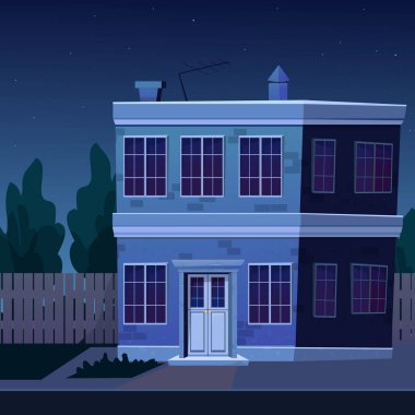 Gece binası, daire, elektrik kesintisi. Karikatür tarzında karanlık zamanlarda mülkiyet. Sokak sahnesi. Vektör illüstrasyonu