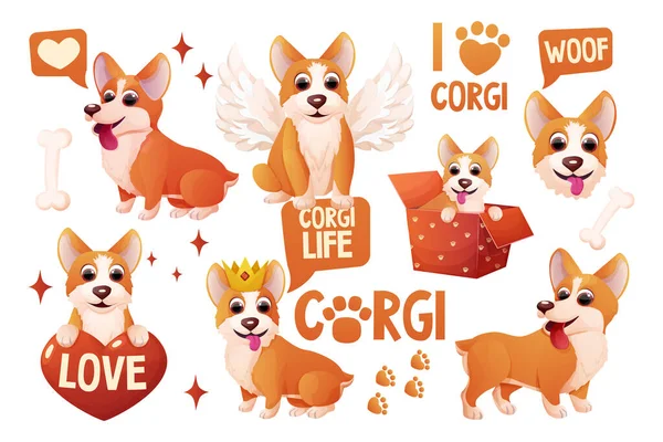 Set Pegatinas Para Perros Corgi Con Corona Alas Sentado Adorable — Vector de stock