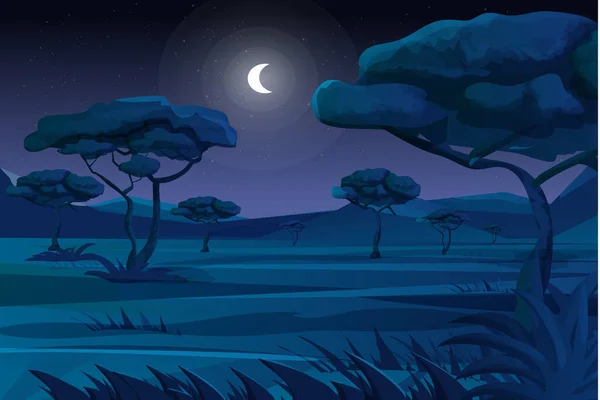 Scena Nocna Savannah Polami Górami Drzewami Trawą Świetle Księżyca Tło — Wektor stockowy