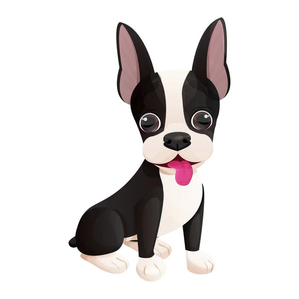 Lindo Boston Terrier Fresco Cachorro Dulce Sentado Con Lengua Estilo — Vector de stock