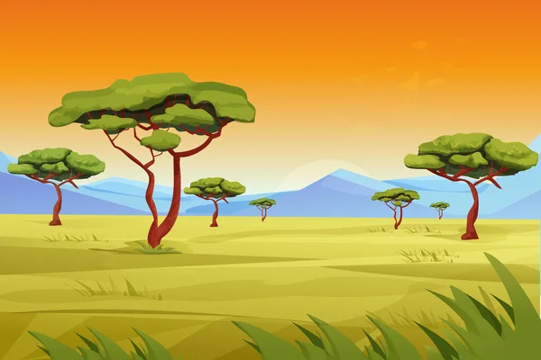 Αφρική Savannah Τοπίο Σαφάρι Γρασίδι Δέντρα Βουνά Καλοκαιρινή Καυτή Σκηνή — Διανυσματικό Αρχείο
