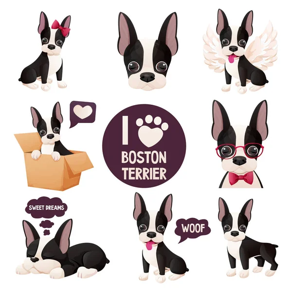 Set Leuke Boston Terrier Stickers Koele Zoete Puppy Cartoon Stijl — Stockvector