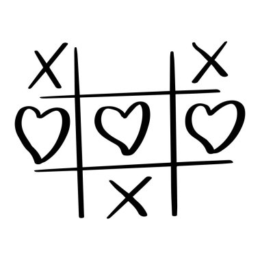 Tic tac toe doodle game with cross and circle sign, cute heart mark isolated on white background. . Vector illustration clipart