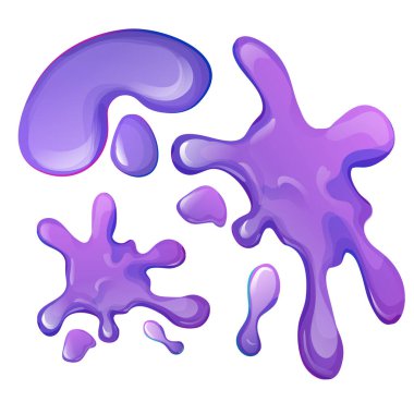 Set glossy purple slime, sticky splat with drops in cartoon style isolated on white background. Vector illustration