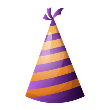 Birthday hat, accessory for celebration with decoration in cartoon style isolated on white background. Bright paper cone. Vector illustration