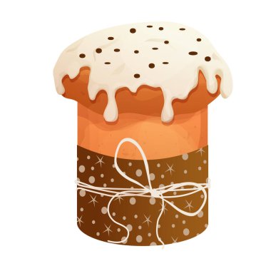 Geleneksel Panettone pastası, beyaz arka planda izole edilmiş çizgi film tarzında yay ve jöleli Paskalya pastası. Vektör illüstrasyonu