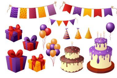 Set birthday elements, celebration cake and presents, garland and balloons, party paper hats in cartoon style isolated om white background. Vector illustration