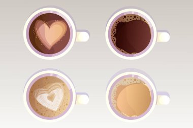 Set Coffee cup, beverage with caffeine, cappuccino in mug top view collection in cartoon style isolated on white background. . Vector illustration