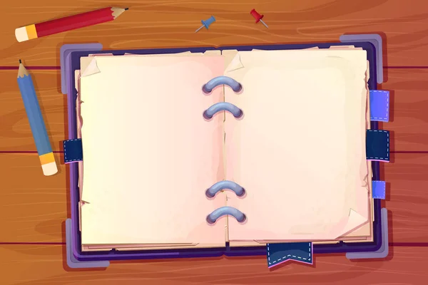 Diary Note Book Cartoon Style Top View Wooden Desk Background — Image vectorielle
