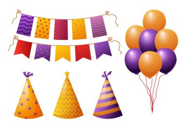 Set birthday elements, celebration party paper hats and garland, balloons, in cartoon style isolated om white background. Vector illustration