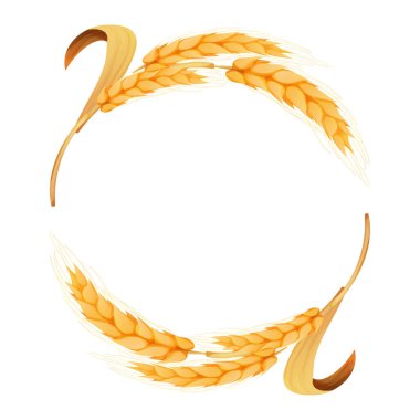 Wreath from spikelet, golden color wheat round frame in cartoon style isolated on white background. For bakery, tags or labels. Vector illustration