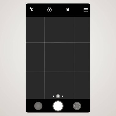 Telefon kamerası görüntüleyicisi, ekran arayüzü görüntü şablonu video kamerası. Akıllı telefon uygulama çerçevesi oluşturuldu. Vektör illüstrasyonu