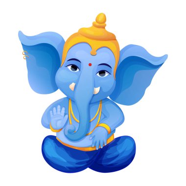 Little cute Ganesh, religious traditional god elephant blue color in cartoon character isolated on white background. Vector illustration