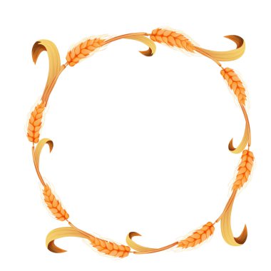 Wreath from spikelet, golden color wheat round frame in cartoon style isolated on white background. For bakery, tags or labels. Vector illustration