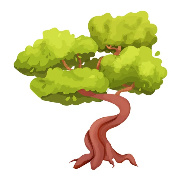 ねじれた幹を持つ魔法の盆栽の木 漫画のスタイルで葉 白い背景に隔離された植物 ゲームUi資産 ベクターイラスト — ストックベクタ