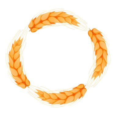 Wreath from spikelet, golden color wheat round frame in cartoon style isolated on white background. For bakery, tags or labels. Vector illustration