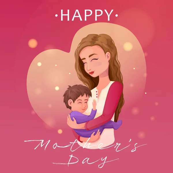 Happy Mothers Day Greeting Woman Holding Child Smiling Heart Shape — Stock Vector