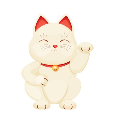 Maneki Neko kedisi geleneği, şanslı bir sembol, beyaz arka planda karikatür tarzında tasması ve çanı olan bir hayvan. Vektör illüstrasyonu