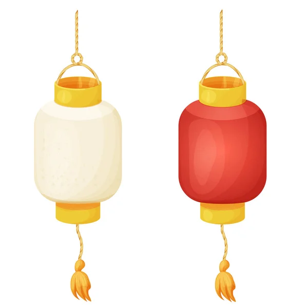 白を基調とした漫画風に金の要素とタッセルで装飾された伝統的な提灯 吊るし灯 日本の街路灯 ベクターイラスト — ストックベクタ