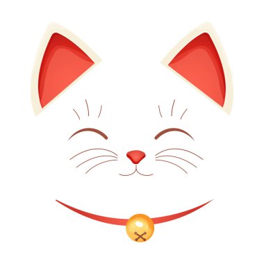 Maneki Neko kedisi geleneği, şanslı bir sembol, beyaz arka planda karikatür tarzında tasması ve çanı olan bir hayvan. Vektör illüstrasyonu 